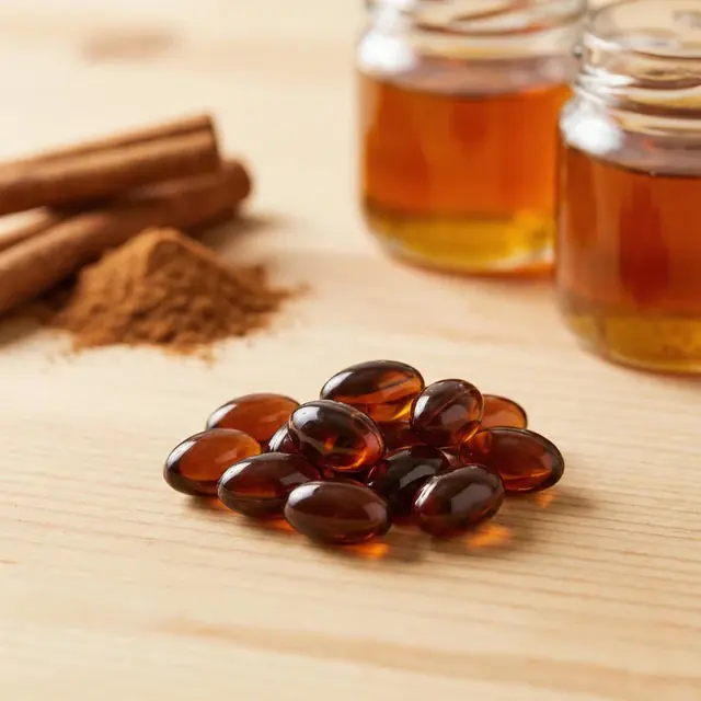 Cápsulas softgel âmbar sobre a mesa, com canela em pau e em pó