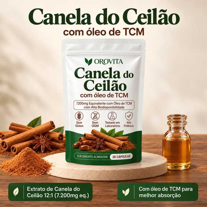Canela do Ceilão com óleo de TCM: extrato 12:1 (7.200 mg eq.) e óleo de TCM para melhor absorção, com a embalagem OROVITA