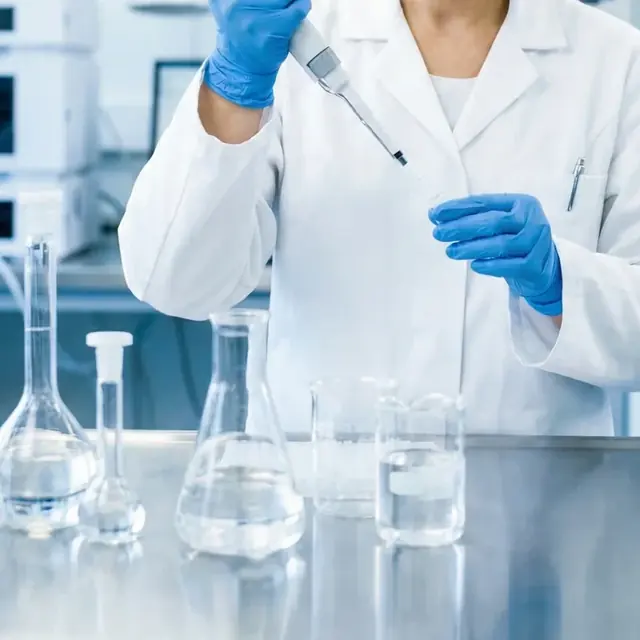 Profissional de laboratório com luvas pipetando amostras