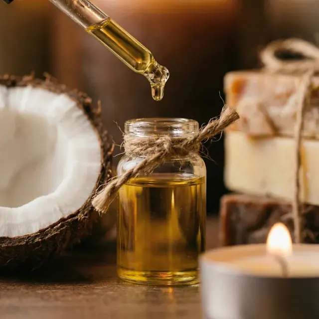 Óleo de coco (TCM) pingando de um conta-gotas em um frasco, ao lado de um coco aberto
