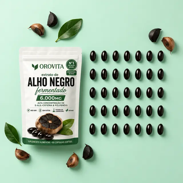 Embalagem do Alho Negro OROVITA com 60 cápsulas softgel