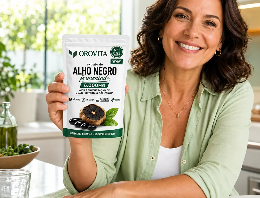 Mulher segurando o Alho Negro OROVITA