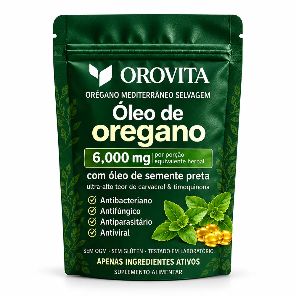 Embalagem do Óleo de Orégano OROVITA: orégano mediterrâneo selvagem, 6.000mg por porção (equivalente herbal), com óleo de semente preta