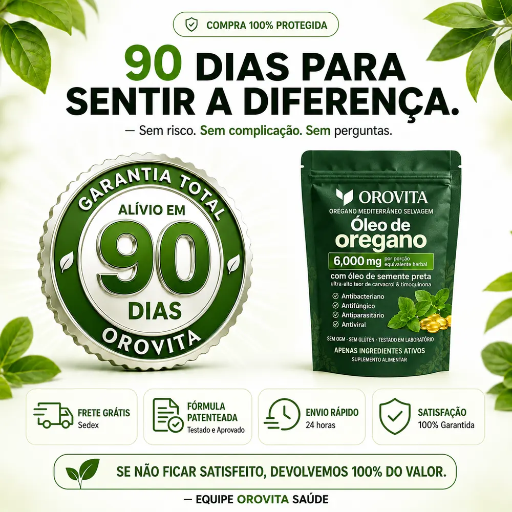 90 dias para sentir a diferença: selo de garantia total OROVITA ao lado da embalagem, com frete grátis Sedex e envio rápido