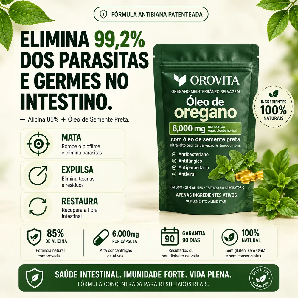 Arte OROVITA: mata, expulsa e restaura — embalagem do Óleo de Orégano com garantia de 90 dias, 100% natural, sem glúten e sem OGM