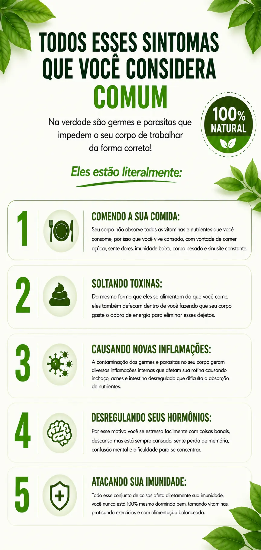 Todos esses sintomas que você considera comum: na verdade são germes e parasitas comendo a sua comida, soltando toxinas, causando novas inflamações, desregulando seus hormônios e atacando sua imunidade